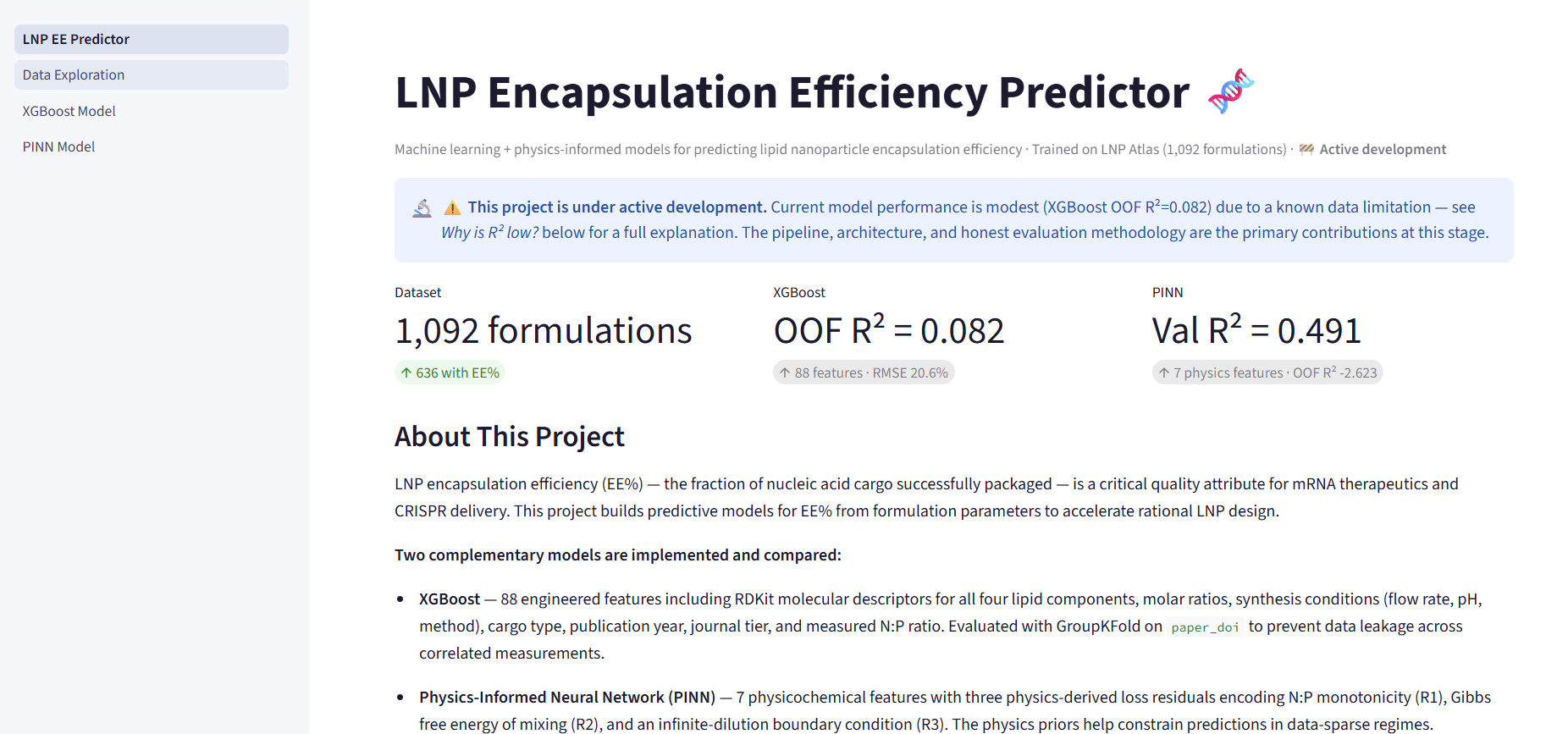 Screenshot of the LNP-EE-Predictor Streamlit dashboard showing model comparison and interactive prediction interface